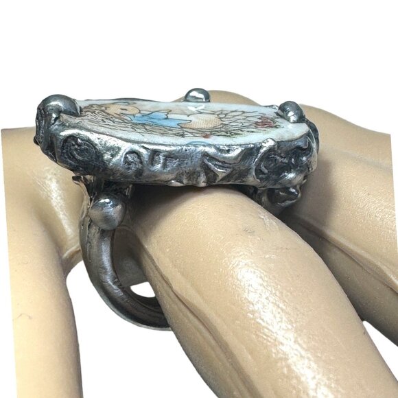 SOLD! Peter Rabbit Broken China & Spoon Artisan Ring Upcycled & Boho Silver Meta - Picture 6 of 17